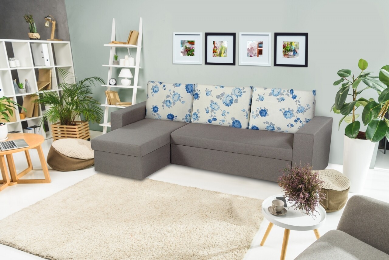 Coltar extensibil reversibil Oslo Grey Blue Anemone, cu lada de depozitare, 247x148x78 cm - imagine 7